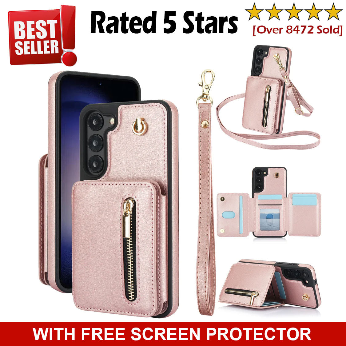 Luxury Cross Body Zipper Card Wallet Samsung Case (with FREE Screen Protector)